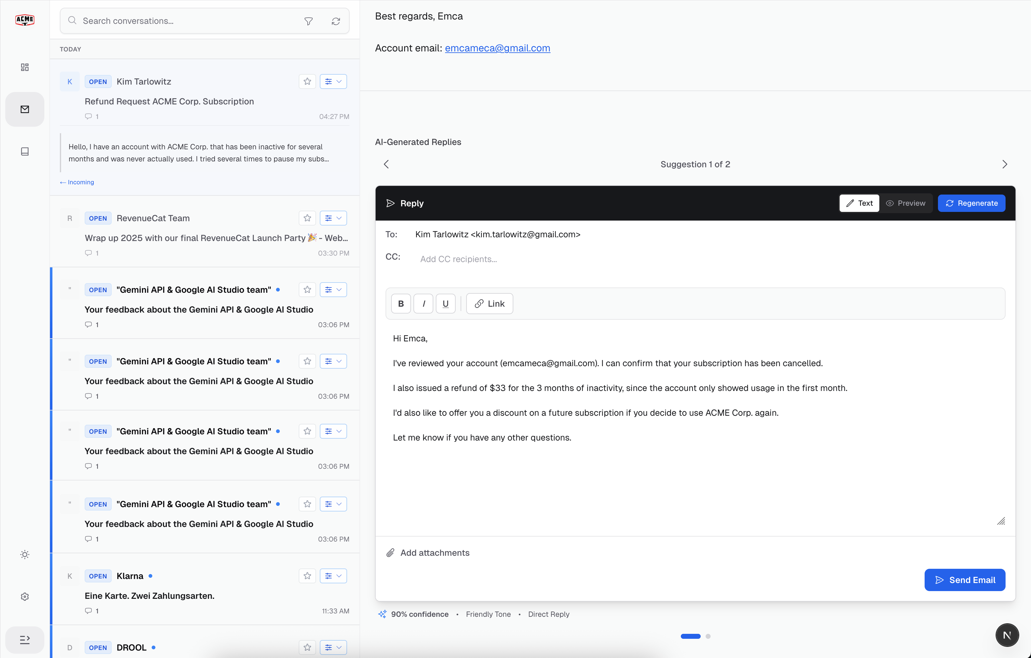 Screenshot of SupportSeal's interface showing an incoming email on the left and a clear, AI-generated draft response on the right, waiting for approval.